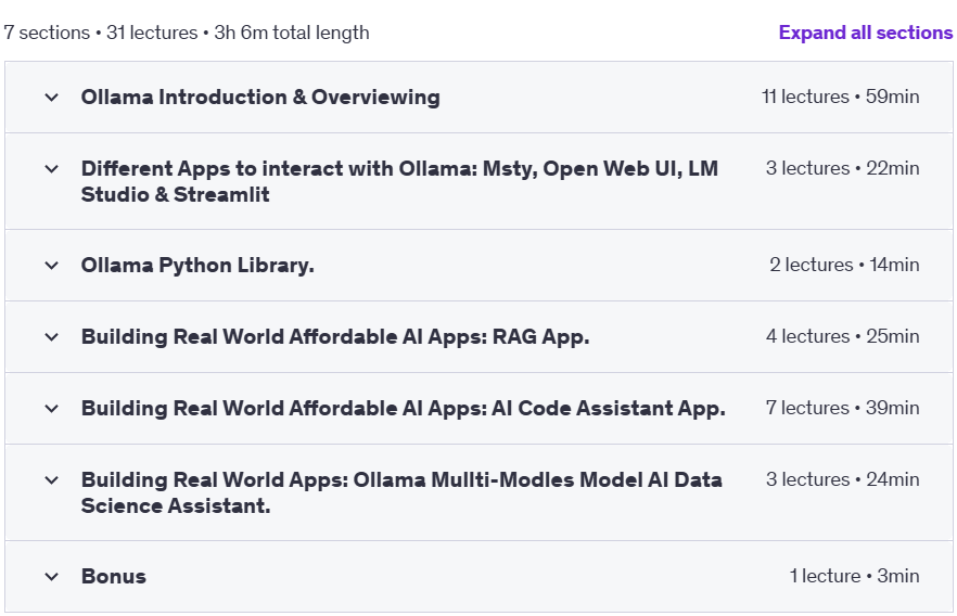 Course topics · Ollama & LLMs: Building Real World Free AI Apps with Ollama. 2025-2