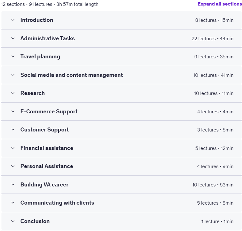 Course topics · Udemy — Master Virtual Assistance 2025: A Step-by-Step Guide 2025-3