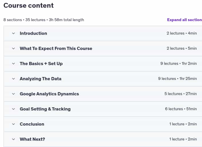 Course topics · Udemy — The Ultimate Google Analytics Course For Beginners 2025 2025-1