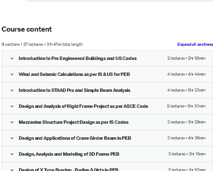 Course topics · Udemy — STAAD Pro: Analysis & Design of Pre Engineered Building(PEB) 2023-1