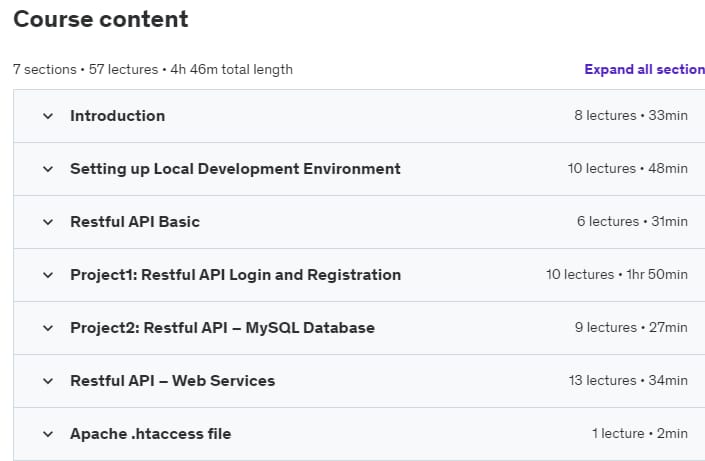 Course topics · Udemy — Restful API Web Services with PHP and MySQL: Bootcamp 2024-4