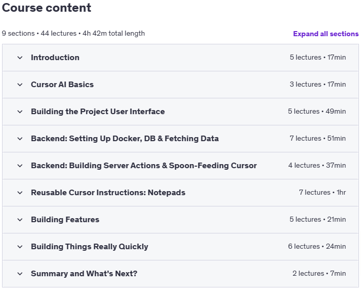Course topics · Cursor AI: Learn by Building Full-Stack Next.js 15 App 2025-1