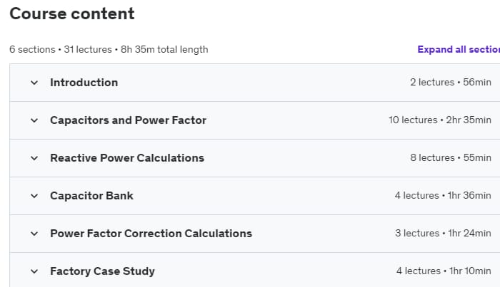 Course topics · Udemy — Capacitors for Power Factor Correction, Saving Power & Money 2023-12