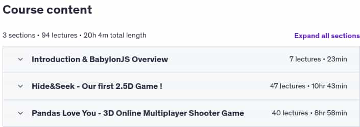Course topics · Udemy — Full BabylonJS Game Dev (2D, 3D, Online with ColyseusJS) 2023-5