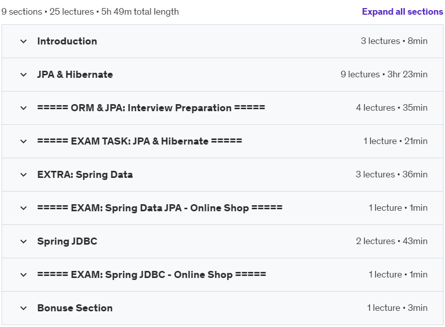 Course topics · Udemy — JPA & Hibernate: Complete Course with Online Shop Example 2023-9