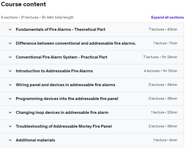 Course topics · Udemy — Online Fire Alarm System Installation Course, Commissioning. 2021-12