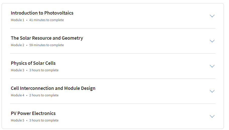 Course topics · Coursera — Photovoltaic Systems 2023-11