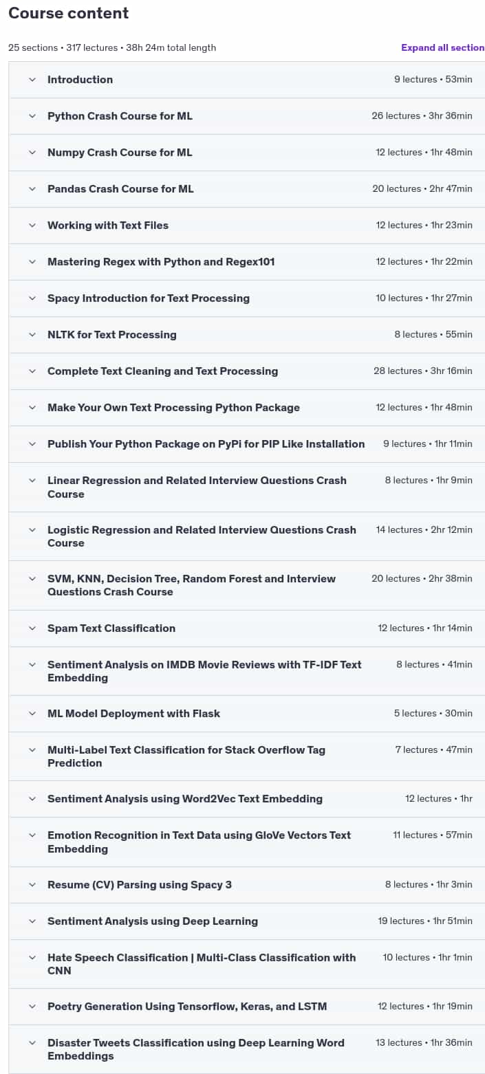Course topics · Udemy — 2025 Natural Language Processing (NLP) Mastery in Python 2025-1