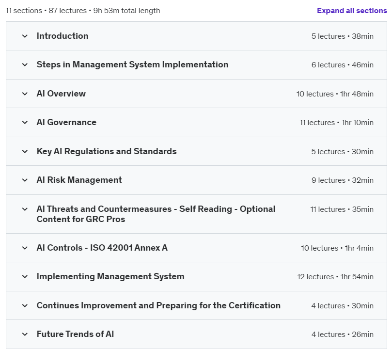 Course topics · Udemy — Implement & Audit ISO 42001:2023 – AI Management System AIMS 2024-9