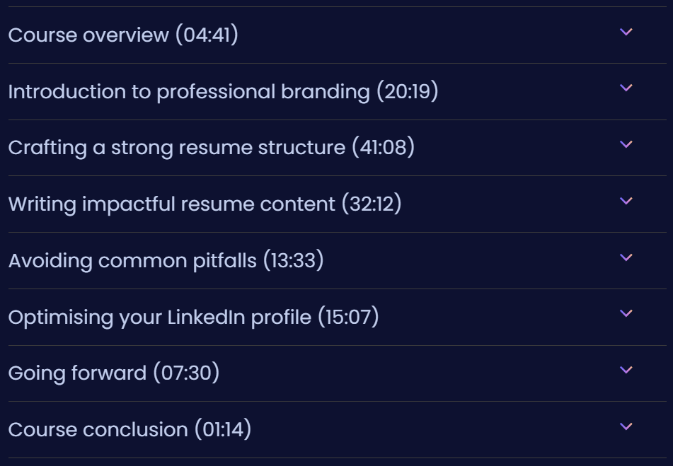 Course topics · Dometrain — Career: Building a Resume/CV & LinkedIn Profile 2025-1