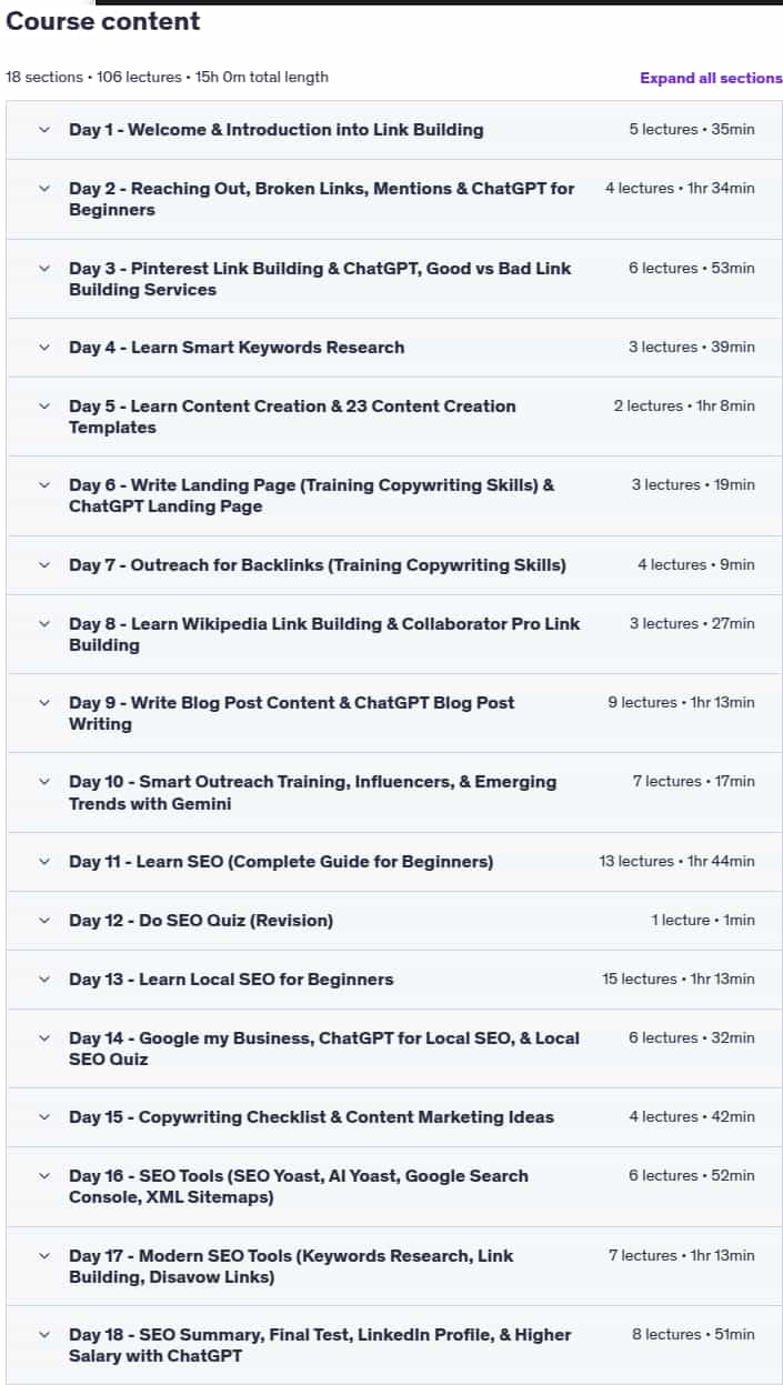 Course topics · Udemy — SEO Link Building & Content Writing Course: Get HQ Backlinks 2023-6