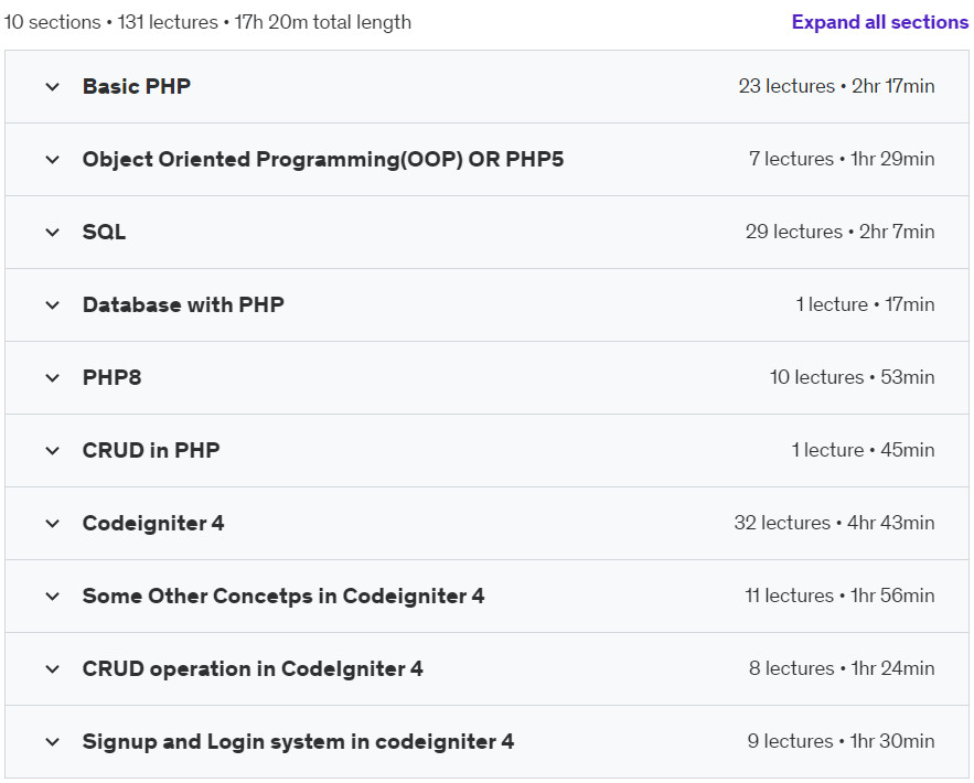 Course topics · The Complete PHP Course from Core PHP to PHP7 & Codeigniter 2024-2