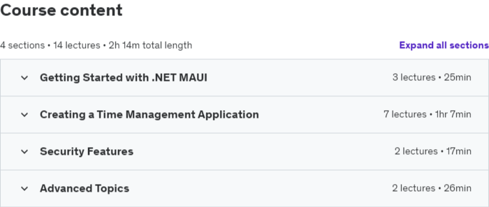 Course topics · Udemy — Getting Started With .NET MAUI 2024-1