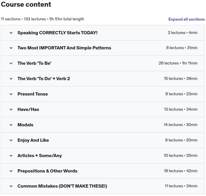 Course topics · Udemy — English Grammar And Speaking Patterns (You MUST Know These!) 2023-1