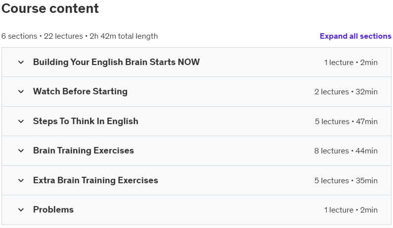 Course topics · English Brain Training: Start Thinking In English 2023-1