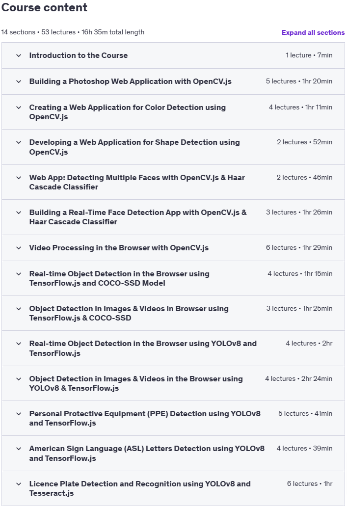 Course topics · Computer Vision Web Development: YOLOv8 and TensorFlow.js 2023-12