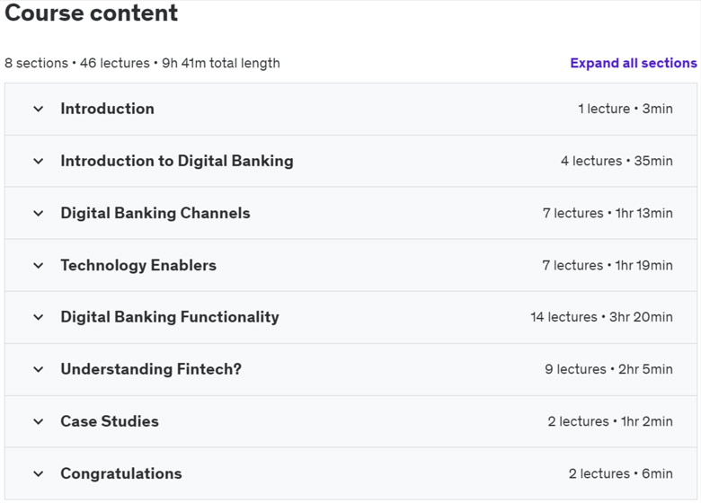Course topics · Udemy — Digital Banking – Masterclass & Introduction to Fintech 2022-11