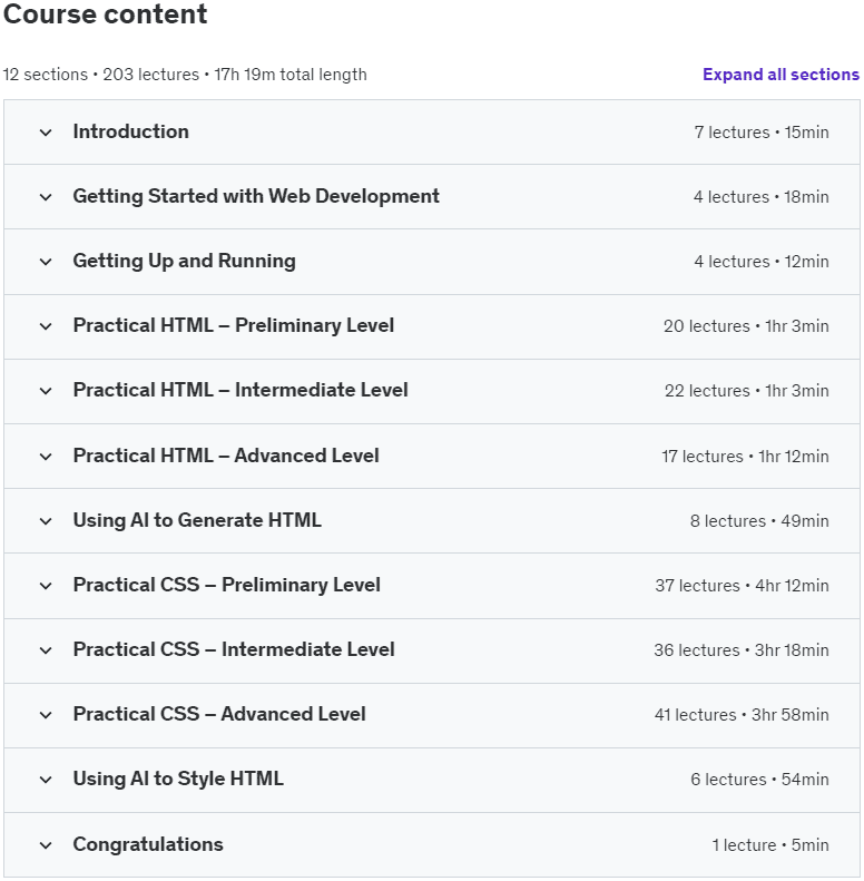 Course topics · Udemy — 2024 UPDATED – HTML5 Elements & CSS3 Properties Bootcamp, V2 2024-5