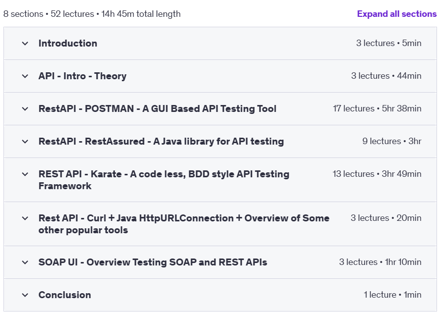 Course topics · Rest API Test & Automation with Postman, RestAssured, Karate 2022-6