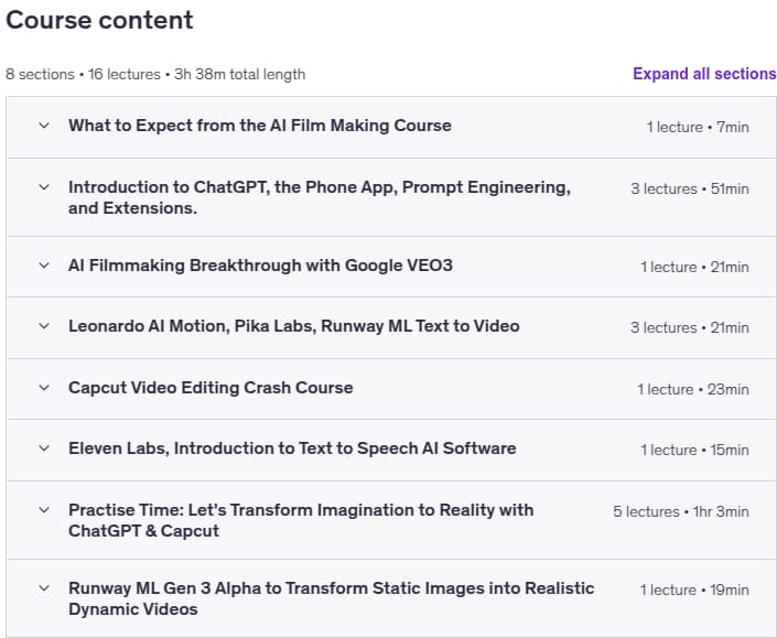 Course topics · Udemy — ChatGPT & Capcut to Create an AI Hollywood Movie on Budget 2024-10