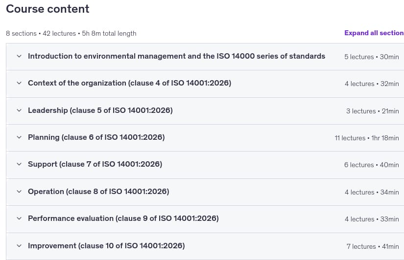 Course topics · ISO 14001:2026: Environmental Management Systems (EMS) 2026-7