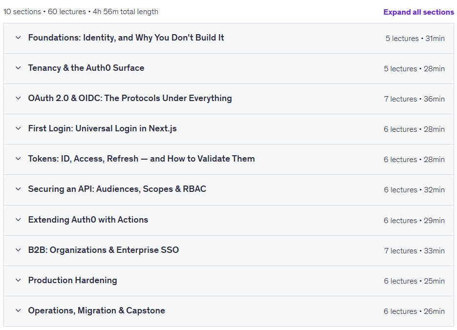 Course topics · Practical Auth0: Login, APIs & Enterprise SSO 2026-8