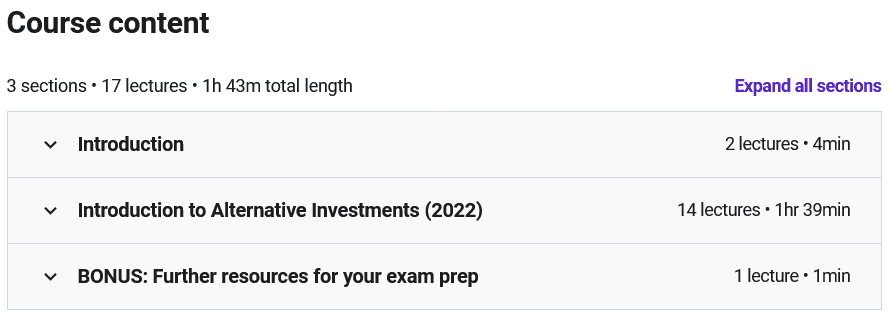 Course topics · Udemy — Level I CFA® Prep Course 2022 – Alternative Investments 2021-12