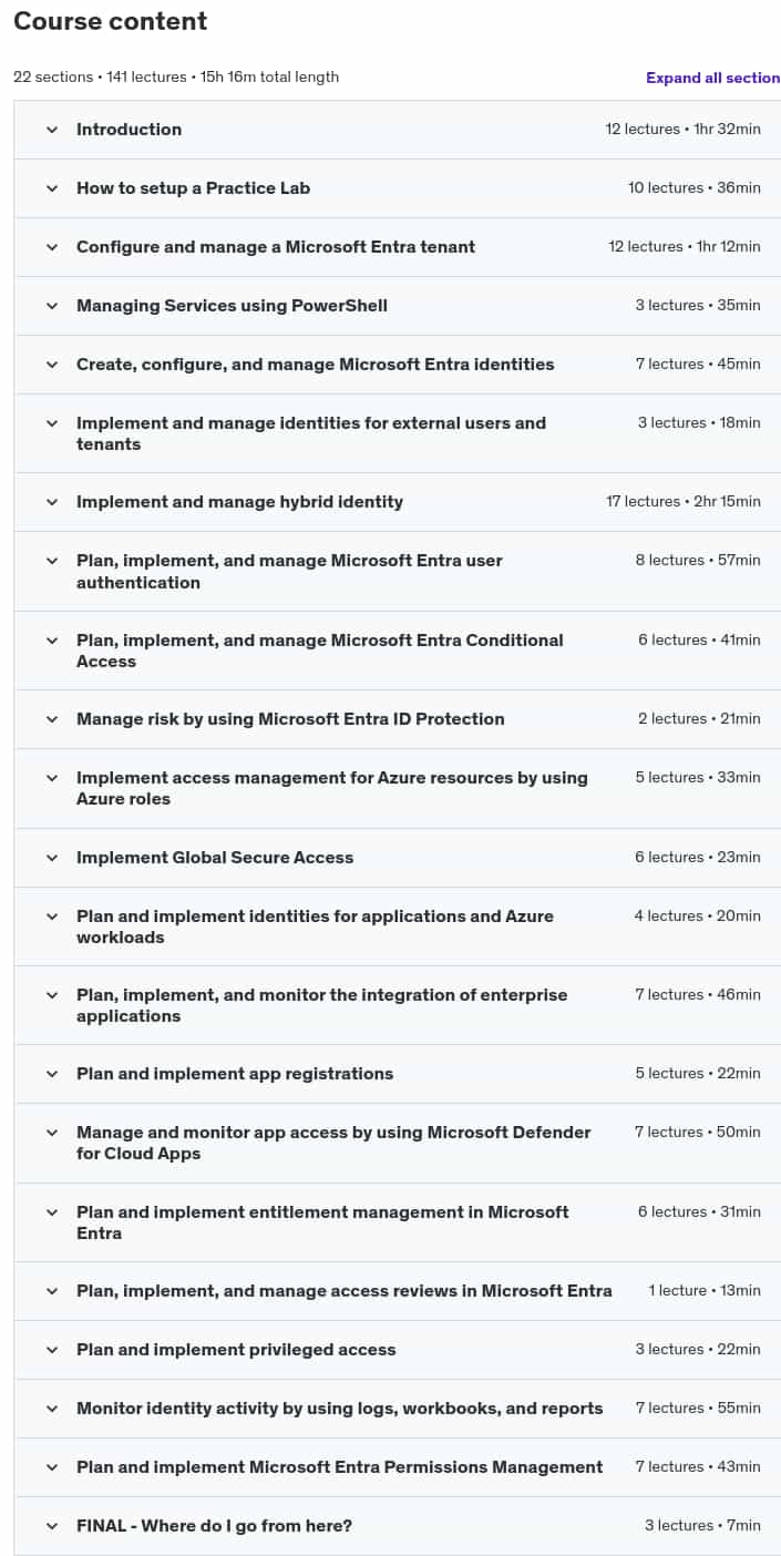 Course topics · Udemy — SC-300 Course: Microsoft Identity and Access Administrator 2024-10