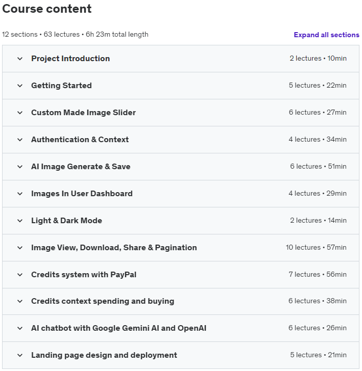 Course topics · Udemy — AI SaaS Image Generator & Chatbot: React NextJs TypeScript 2024-10