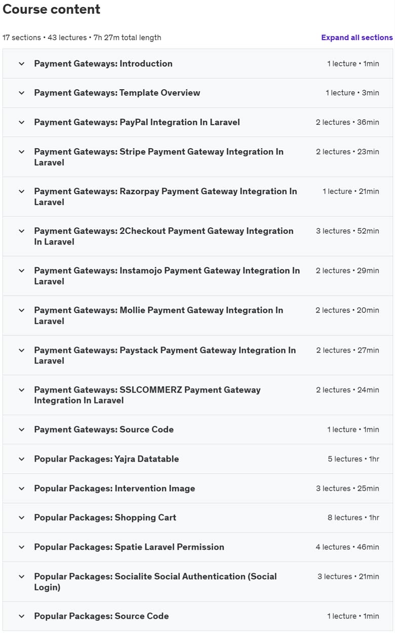 Course topics · Popular Payment Gateways & Packages Integration In Laravel 2023-1