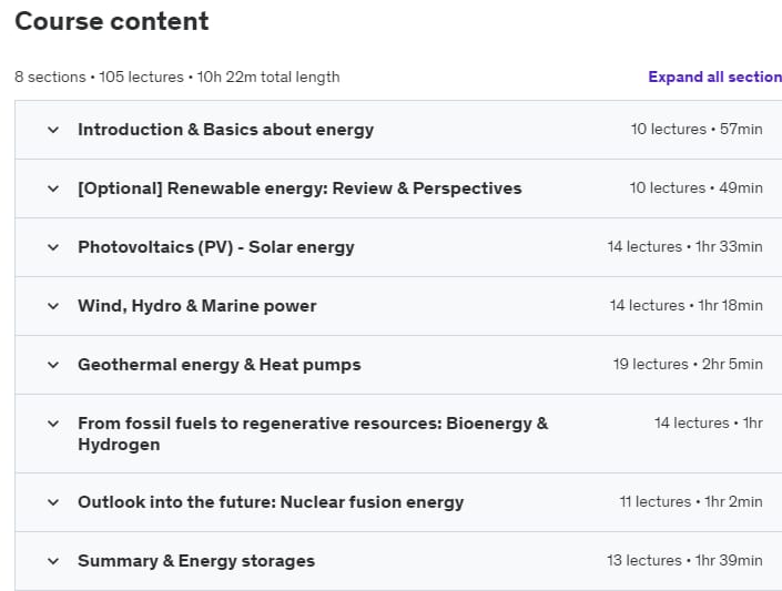 Course topics · Udemy — Renewable Energy from Beginner to Expert Taught by Scientist 2023-2