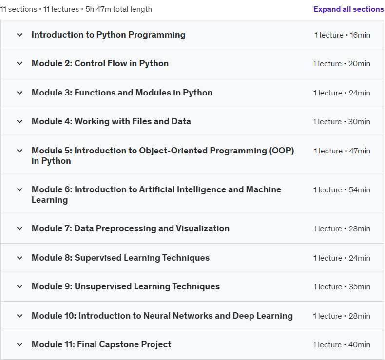 Course topics · Udemy — Python Bootcamp and Introduction to Artificial Intelligence 2024-8