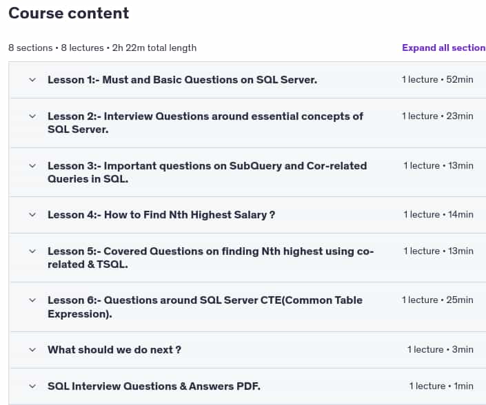 Course topics · SQL Server Interview Questions and Answers 2023-11