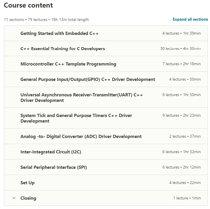 Course topics · Udemy — Modern Bare-Metal Embedded C++ Programming from Ground Up™ 2021-3