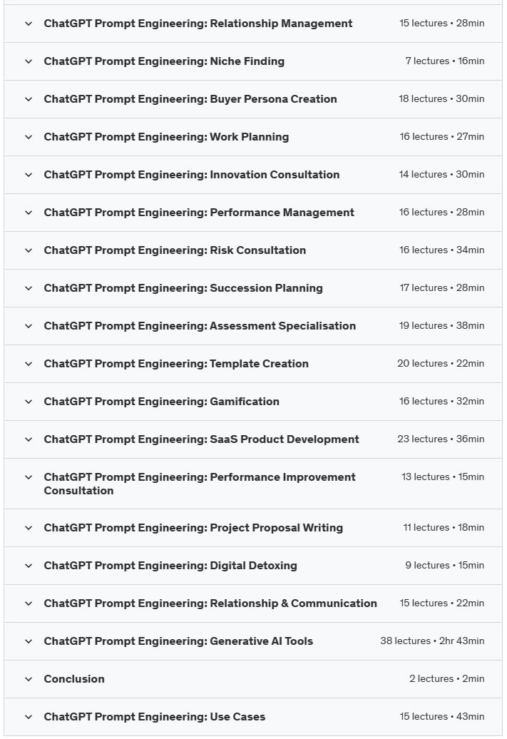 Course topics · Udemy — ChatGPT Prompt Engineering: 70,000+ Prompts | Generative AI 2024-11