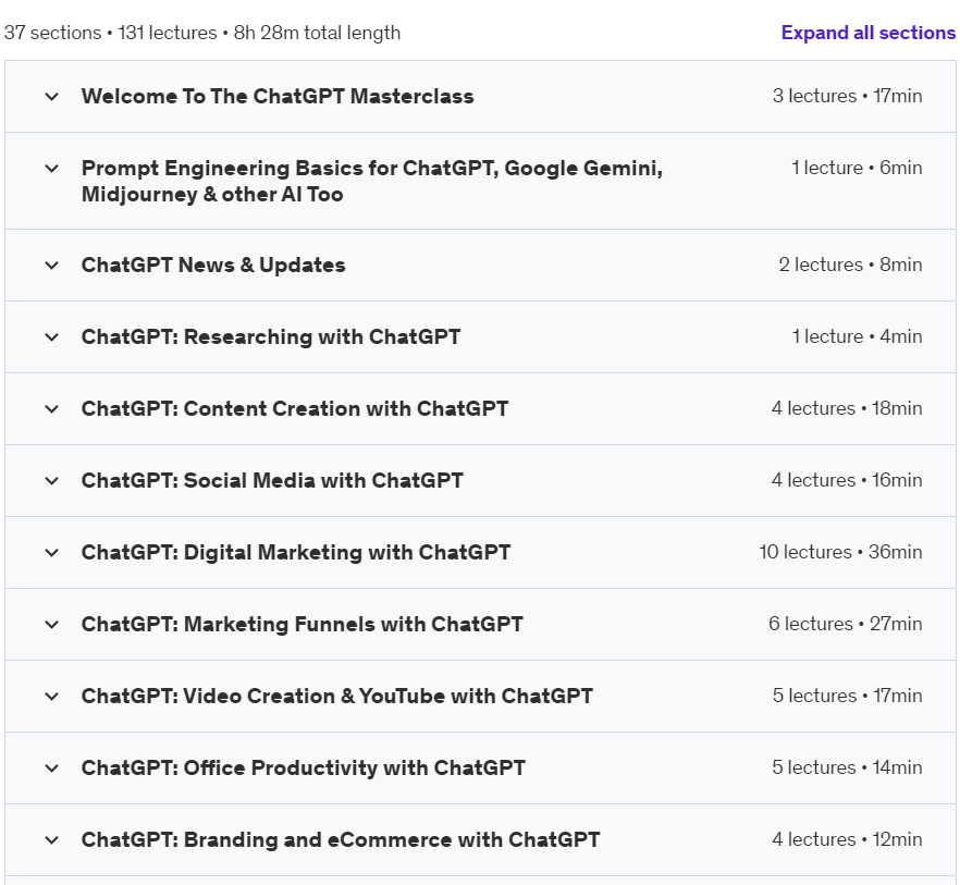 Course topics · ChatGPT Complete Guide: Learn Midjourney, Gemini, Chat GPT 4 2024-8