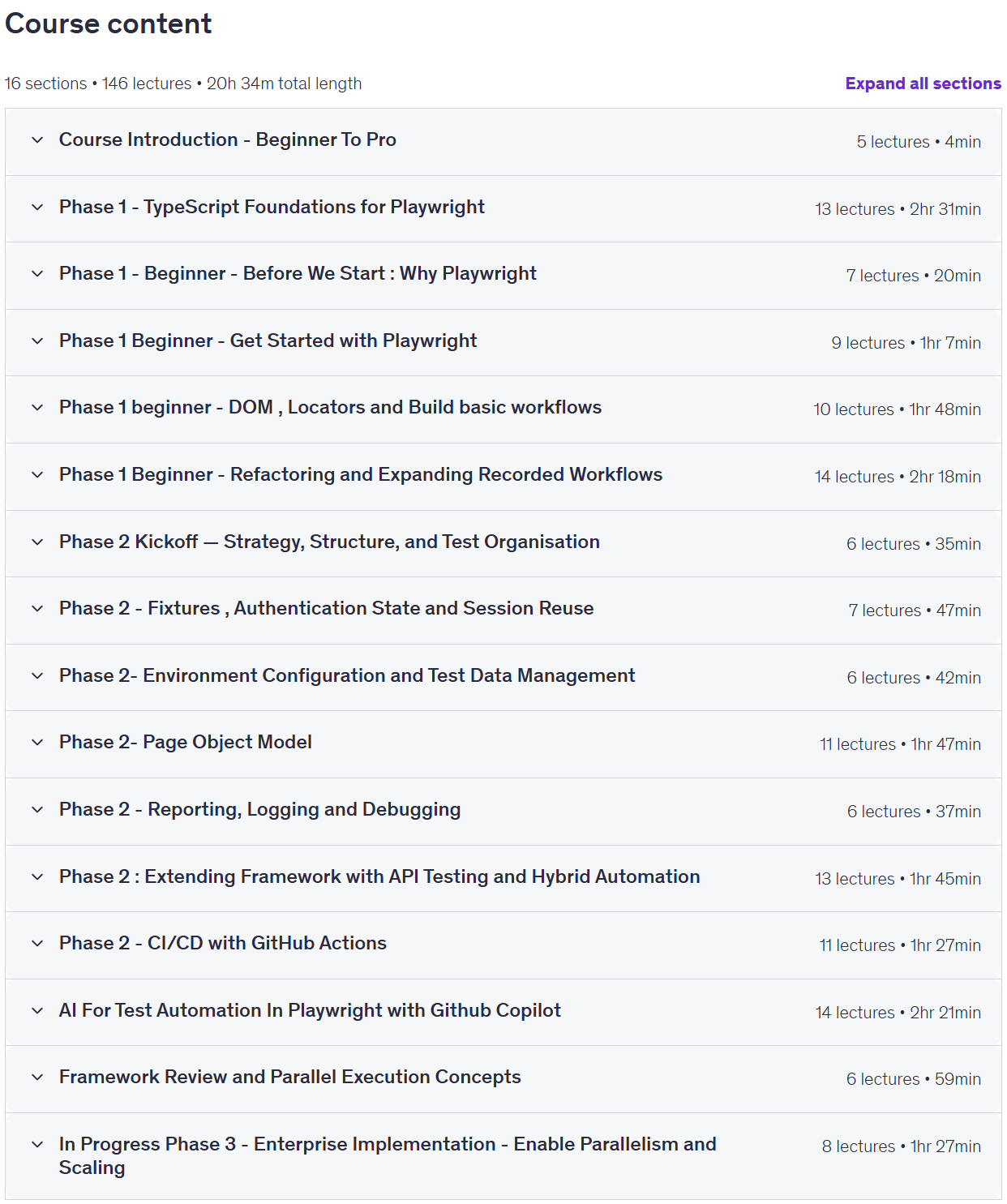 Course topics · Playwright Automation with TypeScript: E2E CI/CD API AI 2026-8