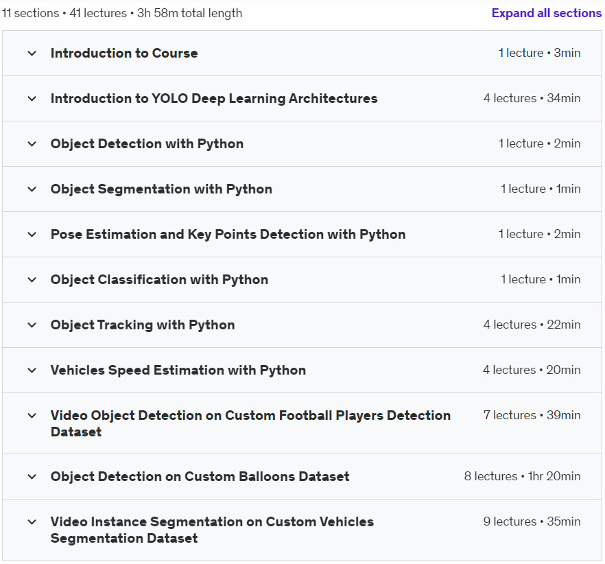 Course topics · Udemy — Object Tracking, Detection, Car Speed, Pose Estim in Python 2024-6