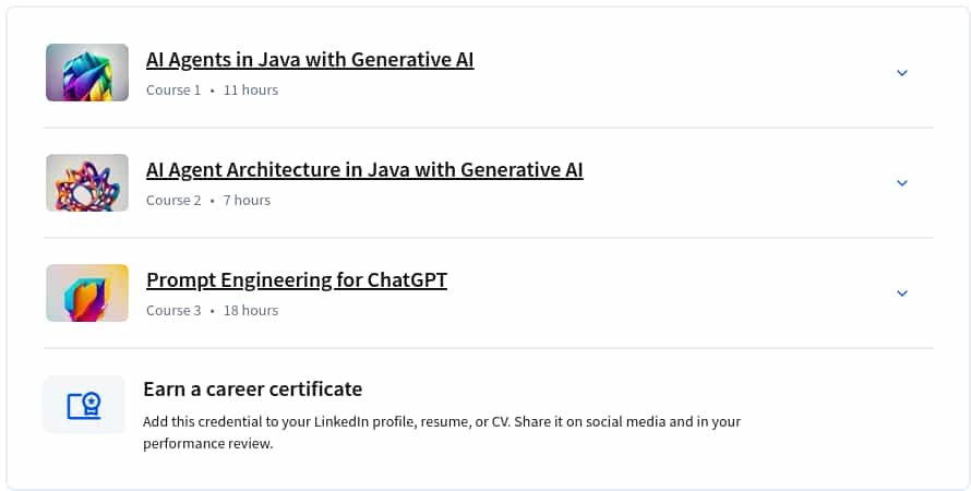 Course topics · Coursera — AI Agents in Java with Generative AI Specialization 2025-5