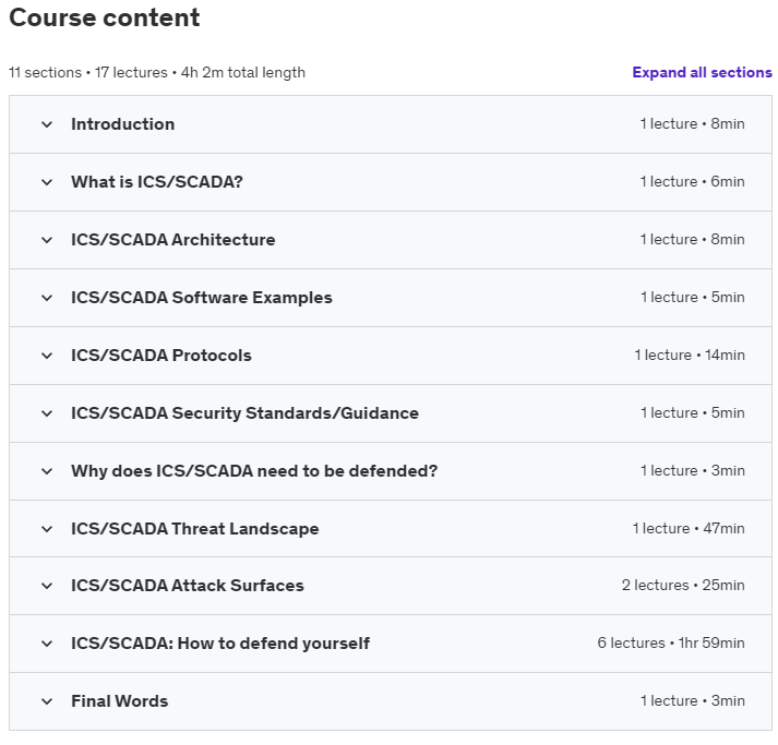 Course topics · Udemy — ICS/SCADA Cyber Security 2020-7