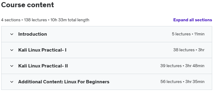 Course topics · Udemy — Kali Linux Certification Course: Hacking with Kali Linux 2024-9