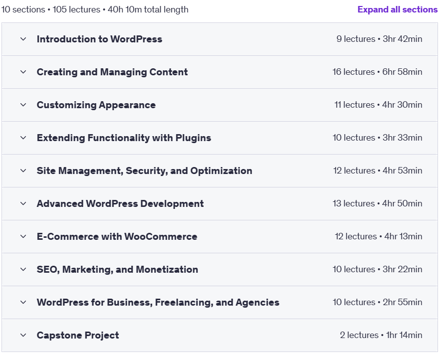 Course topics · Udemy — Master WordPress: Build Stunning Websites from Start 2025-5