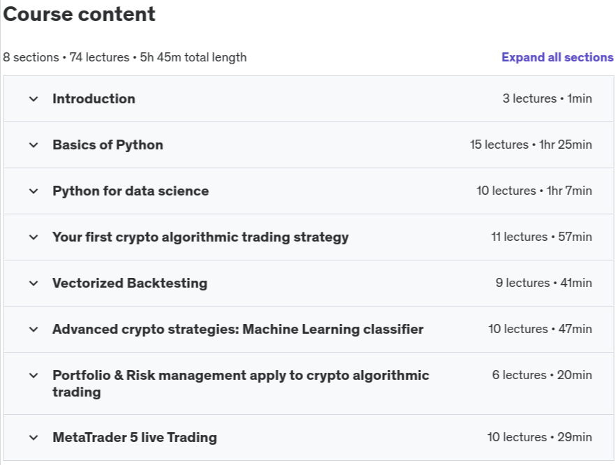 Course topics · Udemy — Advanced Crypto strategies for Algorithmic trading 2024 2022-1