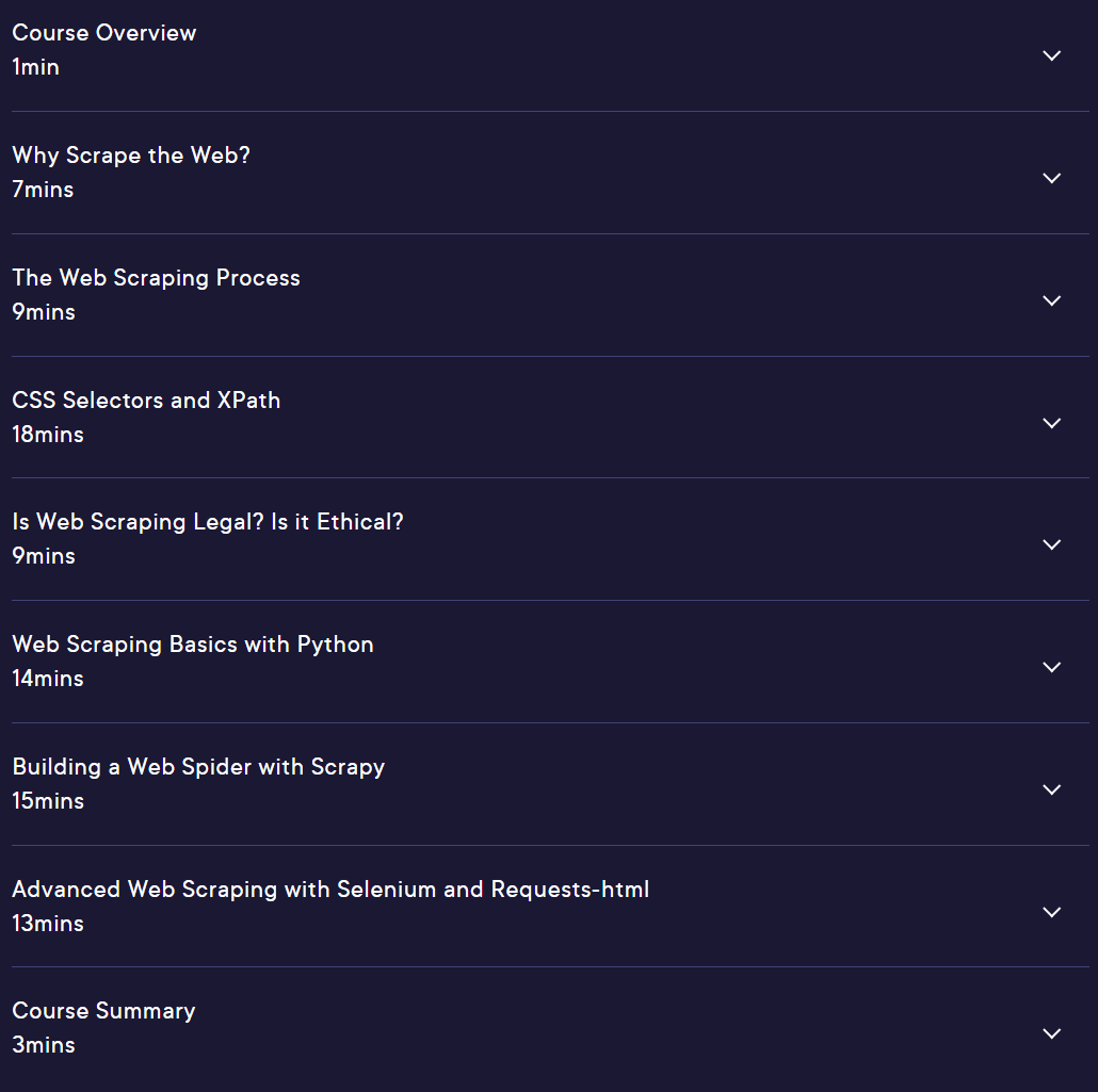 Course topics · Pluralsight — Exploring Web Scraping with Python 2020-10