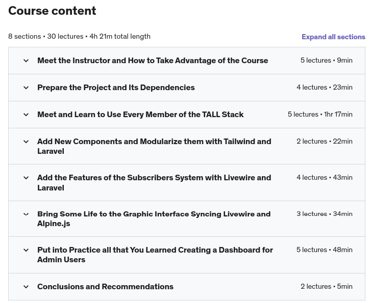 Course topics · Start with TALL: Use Tailwind, Alpine, Laravel & Livewire 2022-1
