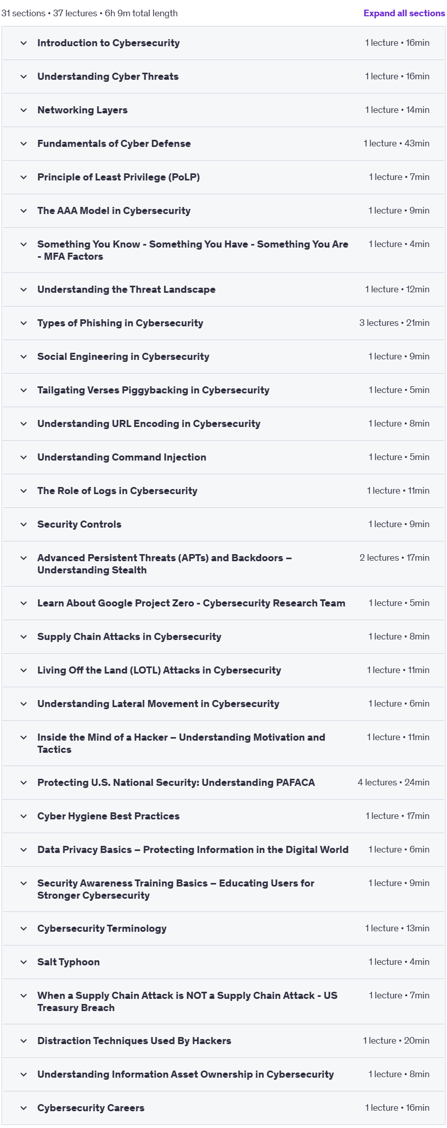 Course topics · Udemy — Learn Cybersecurity: The Ultimate Beginner’s Guide 2024-11
