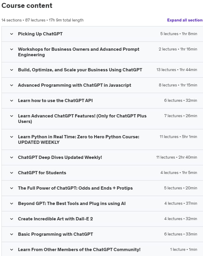 Course topics · Udemy — ChatGPT Masterclass: ChatGPT Guide for Beginners to Experts! 2023-8