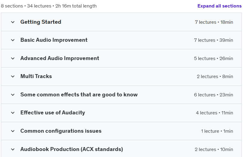 Course topics · Udemy — Audacity 101: Voice Over, Audiobook, Content Creation 2024-6