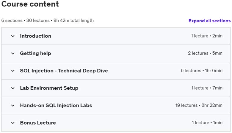Course topics · Udemy — Mastering SQL Injection – The Ultimate Hands-On Course 2023-7