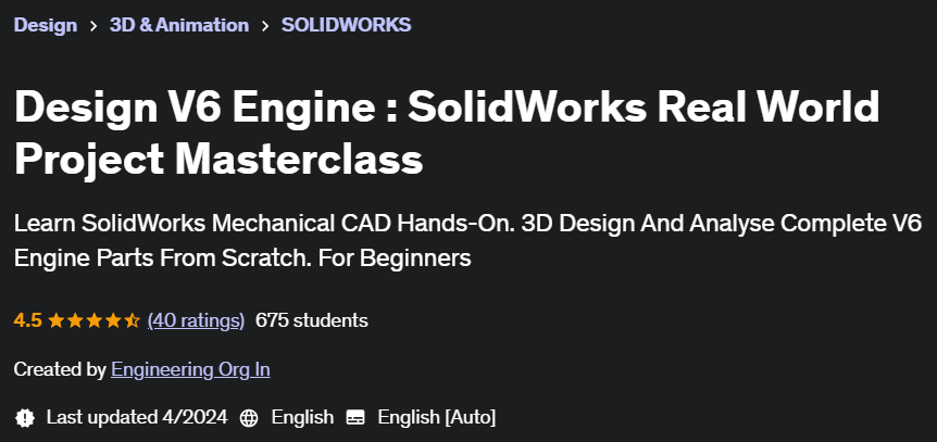 Pictures · Design V6 Engine : SolidWorks Real World Project Masterclass 2024-4